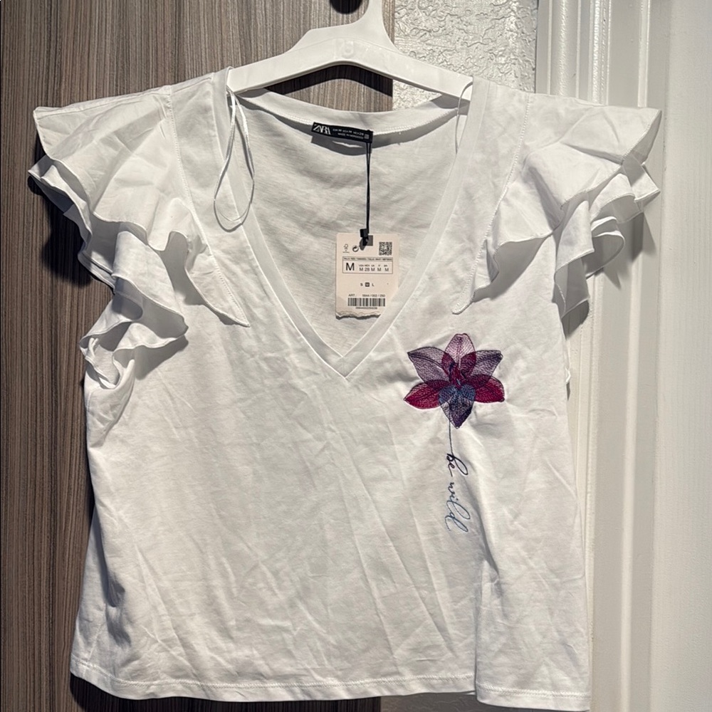 Zara Flutter Sleeve White Top with Purple Floral Design
